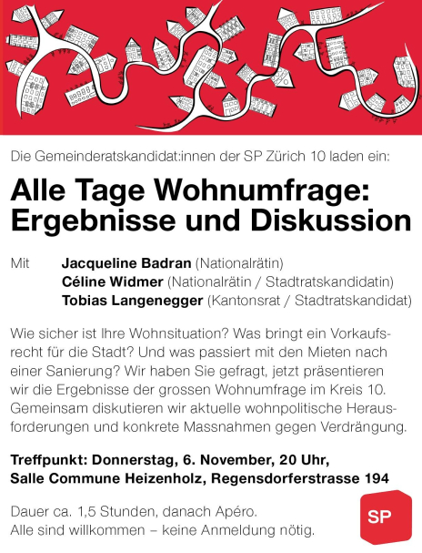 Podium, Diskussion und mit anschliessendem Apéro mit Jacqueline Badran (Nationalrätin), Céline Widmer (Nationalrätin / Stadtratskandidatin), Tobias Langenegger (Kantonsrat / Stadtratskandidat).